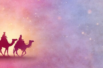 Naklejka premium Pilgrimage of Light: A celestial journey unfolds as silhouettes of figures on camels traverse a dreamy, starlit landscape, evoking a sense of ancient pilgrimage and wonder. 