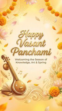 Happy Vasant Panchami Festival Greeting social media poster with Goddess Saraswati and Veena