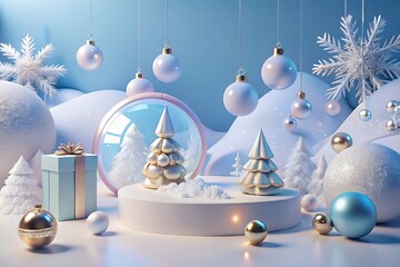 Festive winter wonderland scene with Christmas trees and ornaments on a white podium