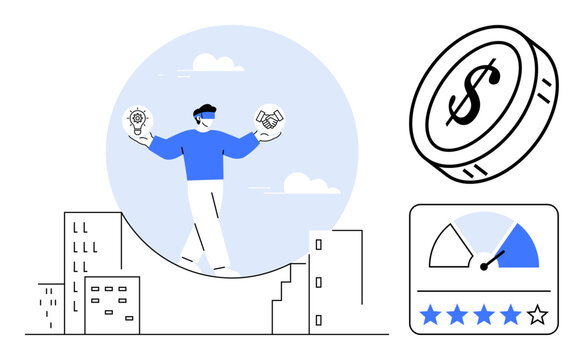 Business decision-making. Business professional weighing innovation and financial growth for success. Business focusing on balanced choices and economic growth. For finance, strategy, startups