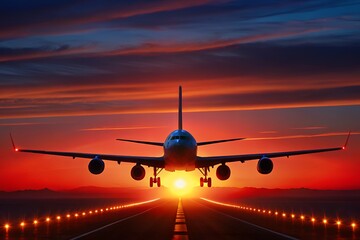 Airplane landing on runway at sunset with vibrant orange sky