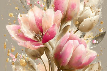Elegant, chic, vintage seamless repeatable pattern featuring tulips, pink and gold style, delicate details of flowers and leaves, close-up of pink tulips, beige tulips and leaves on dark background