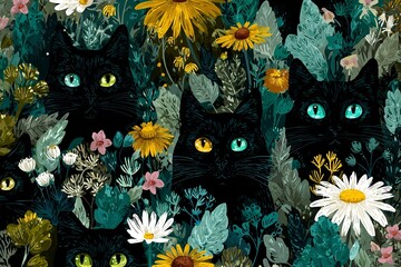 
Cute seamless pattern with colorful black cats in the garden, their eyes sparkling like gemstones, surrounded by vibrant wildflowers and daisies