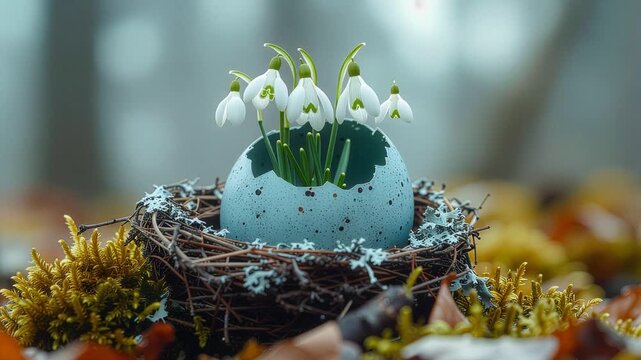 Easter concept animation with white flowers blooming inside a speckled blue eggshell on mossy ground