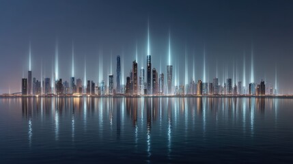 Futuristic Cityscape with Glowing Data Connections and Technology Elements Reflecting on Water at Night