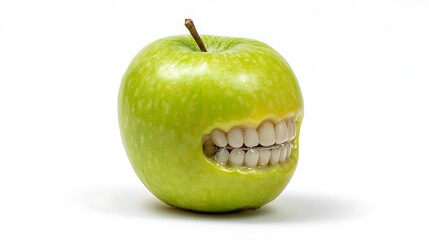 A granny smith apple with a set of teeth isolated on the white background 