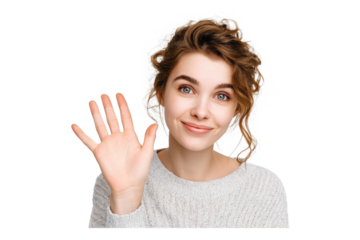 Portrait of a woman waving hand as greeting on transparent background