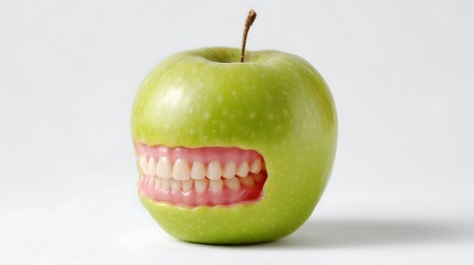A granny smith apple with a set of teeth isolated on the white background 