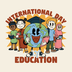 Retro Cartoon Earth Mascot and Diverse Students Education Illustration