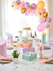 Pastel gift box, balloon arch, cake, and party hats decorate festive birthday table with confetti, champagne glasses, and succulents, creating cheerful celebration atmosphere