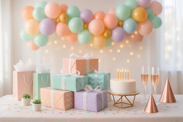 Pastel gift box birthday cake candle and balloon decoration create festive joyful atmosphere for celebration with party hat champagne glass and succulent plant on table