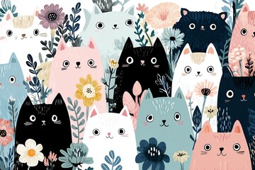 Cute cats and flowers seamless pattern
