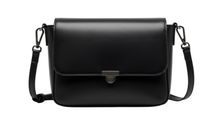 Black leather messenger bag isolated on transparent background