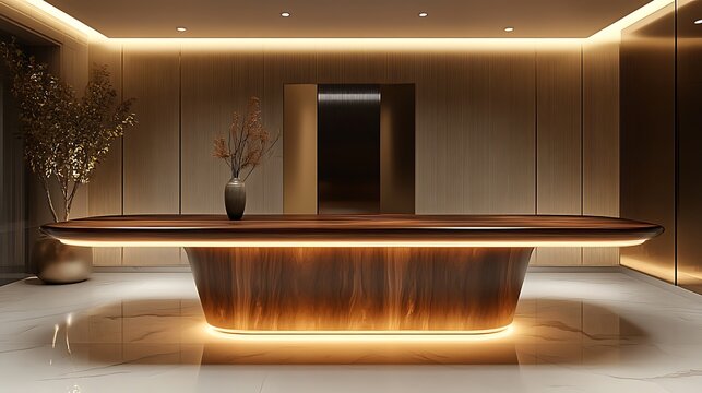 Luxurious reception desk with wood texture and ambient lighting high resolution image
