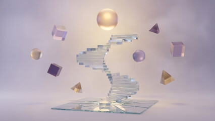 Abstract 3D glass spiral staircase rising towards a golden sphere. Surreal geometric composition with floating cubes and pyramids in pastel purple