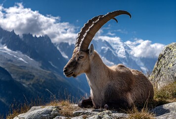 An Alpine ibex with impressive curved horns rests on a rocky mountain ledge under a clear blue sky with distant snow-capped peaks.
