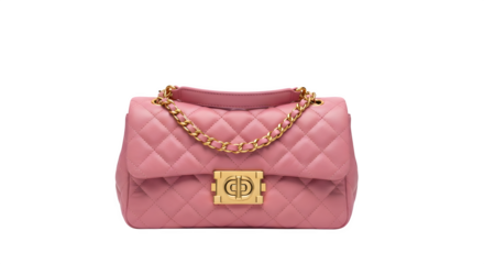 Pink quilted handbag with gold chain strap and clasp isolated on transparent background