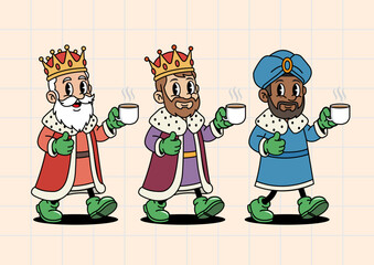 Three Kings with Coffee Retro Cartoon Character Illustration for Epiphany