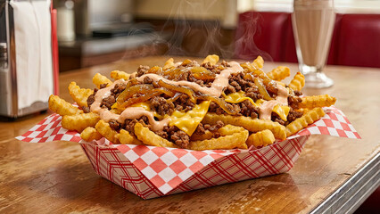 Steaming loaded crinkle cut fries with ground beef cheese sauce and caramelized onions in a red checkered basket on a wooden diner table