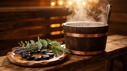 Steaming wooden sauna bucket with ladle and hot stones on a bench in a warm spa interior