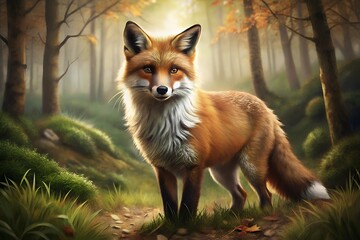 Majestic red fox standing in a serene forest with autumn leaves and soft sunlight