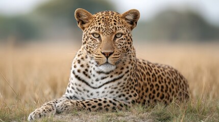 Naklejka premium Majestic Leopard Resting on Savanna Grass with Intense Gaze Captured in Natural Habitat, Stunning Detail and Clarity in Wildlife Photography