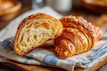 Fototapeta premium Freshly Baked Croissant with Flaky Layers Displayed on a Wooden Board Next to a Blue and White Checkered Cloth in a Rustic Kitchen Setting