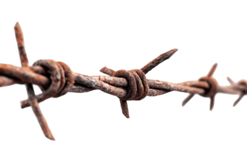 Barbed wire stretches across a white background with rust visible on the metal