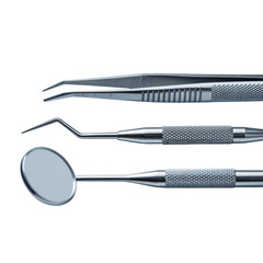 Collection of three essential stainless steel dental examination instruments including a mirror probe and tweezers displayed professionally on transparent background