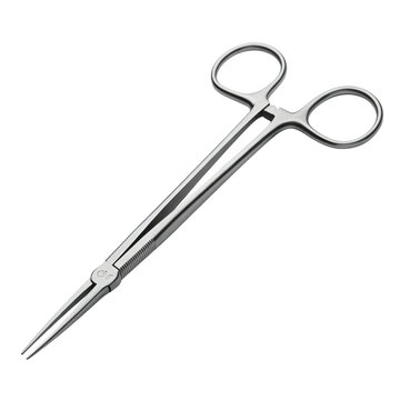 A highly detailed close up rendering of a stainless steel surgical mosquito hemostat forceps tool with pointed tips and finger rings on transparent background