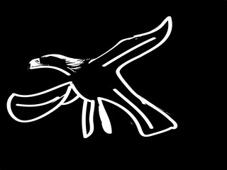 Sketchy white outline drawing of a powerful eagle in dynamic flight with outstretched wings on black background symbolizing raw energy primal instinct and artistic expression