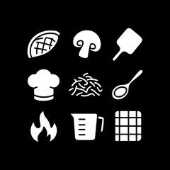 Essential culinary icons featuring ingredients, tools, and cooking processes for food preparation