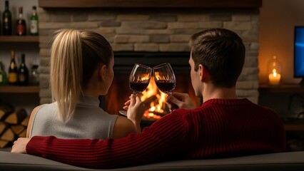 Couple relaxing with glasses of wine at romantic fireplace candlelight, and quiet warmth shared between souls."