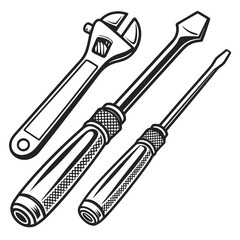 Set of wrench and screwdriver icons and construction tools including a steel hammer, pliers, and adjustable spanner isolated on white for mechanic repair service and industrial hardware work