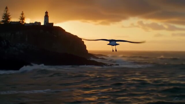 A serene coastal scene with a large vehicle crashing into the ocean waves at sunset