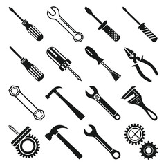 A seamless black silhouette collection of repair equipment icons featuring a set of tools vector illustration with a hammer, screwdriver, saw, and wrench symbol for work and sign design