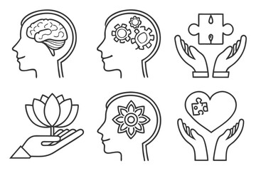 Vector illustration set of human head icons featuring conceptual symbols like a brain, light bulb idea, gear, and heart for creative design