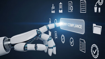 Robotic hand interacting with holographic interface displaying data and connection concepts in a futuristic setting