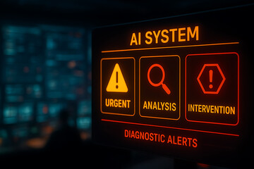 Artificial intelligence high-risk diagnostic alert system screen featuring urgent medical intervention icons and critical healthcare analysis software