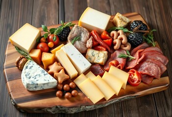 A rustic wooden cutting board laden with artisanal cheeses and cured meats, perfect for a charcuterie board,  antipasto,  spread