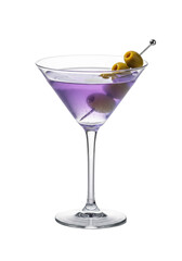 Photorealistic macro of a lavender martini in a crystal v-glass with three emerald olives on a silver pick, isolated on a high-key white marble studio background. concept of luxurious craft mixology