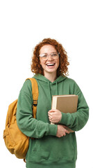 Obraz premium A woman with curly red hair holds a book and smiles while wearing a green hoodie.