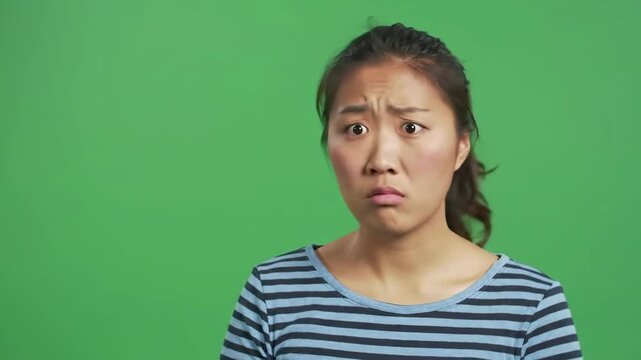 A young woman with a puzzled expression peers over a blank white surface, set against a green background