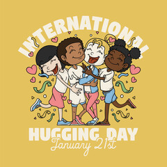 Retro Cartoon Happy Multicultural Kids Hugging Illustration