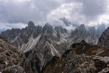 Epic Mountain Panoramic Cadini di Misurina viewpoint Dolomites Italy - Italian mountainous landscape for walls - Tre Cime valley with mountain peaks