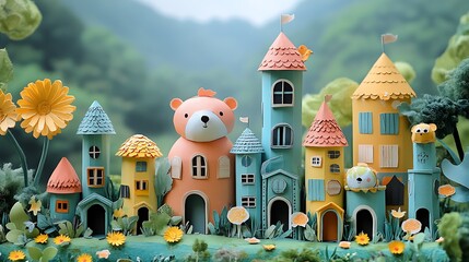 Whimsical miniature town with pastel buildings and bear