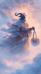 Fototapeta premium Divine Messenger of Clouds: A surreal image of a mystical figure, adorned in ethereal robes and with horns, drifts gracefully amidst swirling clouds, carrying a basket, in a dreamlike digital artwork.