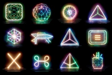 Neon geometric shapes collection with vibrant glowing colors, including spheres, pyramids, rockets, and abstract designs suitable for modern digital aesthetics or tech-oriented visuals.