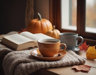 Due tazze di caff&egrave; appoggiate vicino ad un libro aperto ed alcune zucche. Scena autunnale