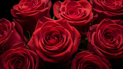 Close-up of vibrant red roses with detailed petals and lush greenery for romantic, floral arrangement or garden decoration themes in a high-resolution image capturing natural beauty